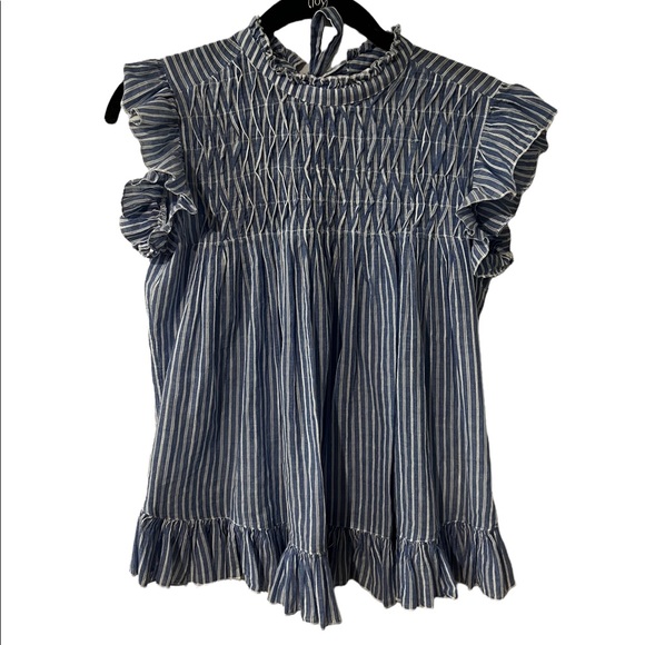 Anthro Smocked Ruffled Striped Blue Shirt - Picture 2 of 6